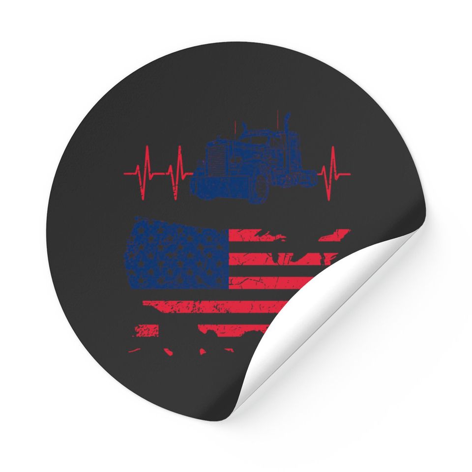 Truck Driver Heartbeat American Flag - American Trucker - Stickers