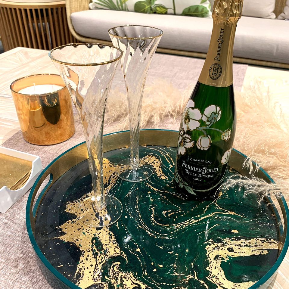 Round Green Gold Lacquer Tray, Serving Tray, Tea tray