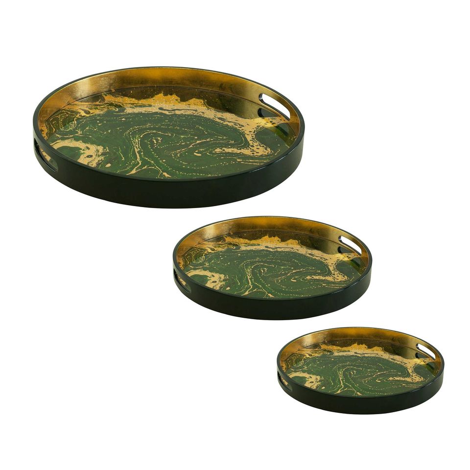 Round Green Gold Lacquer Tray, Serving Tray, Tea tray