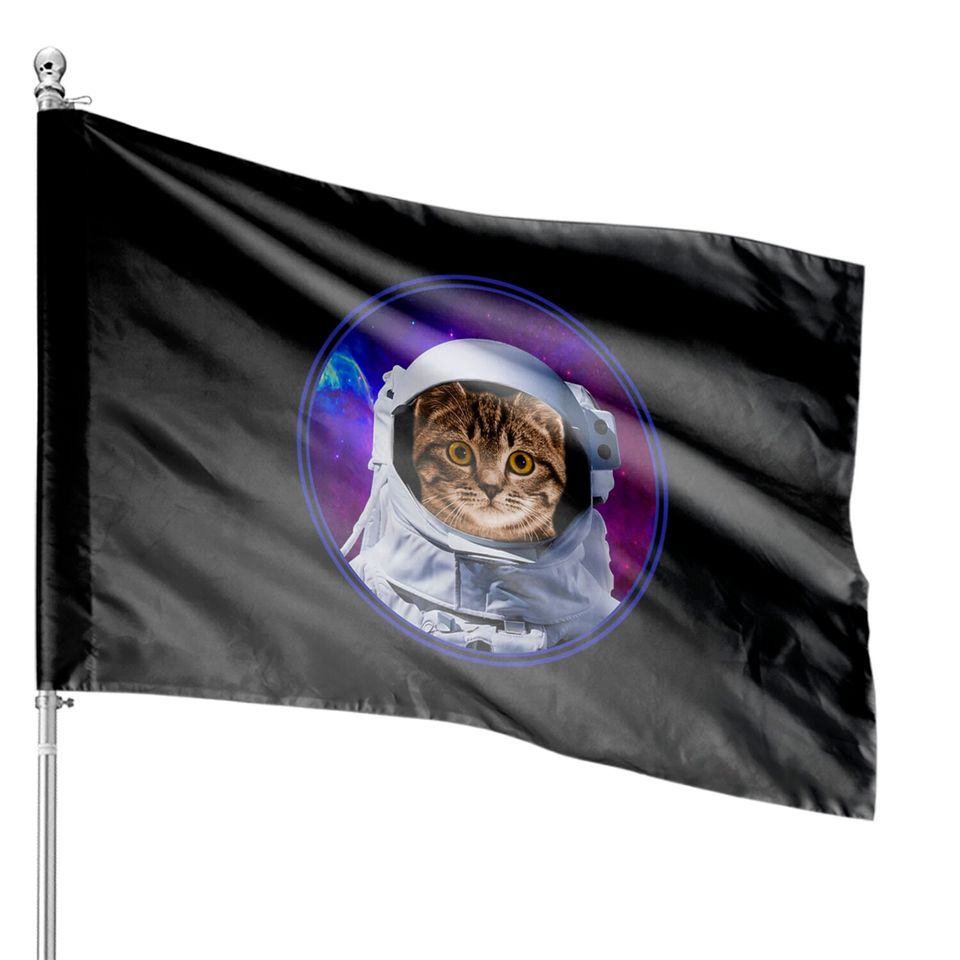 Space Cat Astronaut In Galaxy Funny Cats House Flags