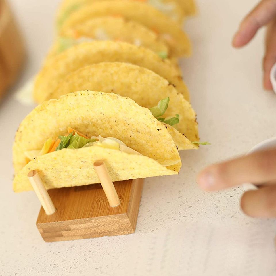 Bamboo Taco Holder Stand Plate Tray - Rack Holds 8 Soft or Hard Shell Tacos