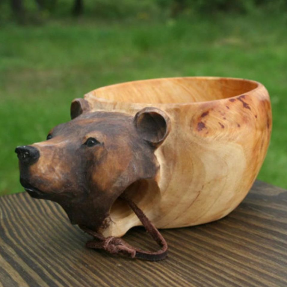 Hand Carved Wooden Mug, Animals Head Image for Travelers, Outdoor Camping
