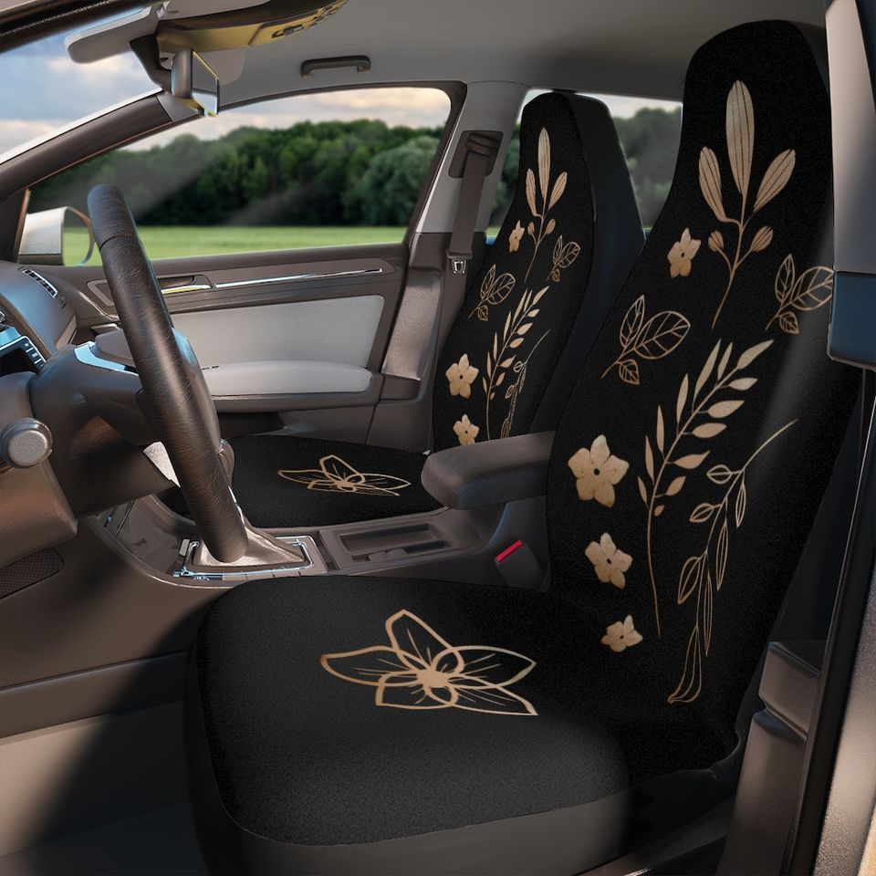 Elegant Rose Gold Leaves Car Seat Covers, Black Floral Seat Covers