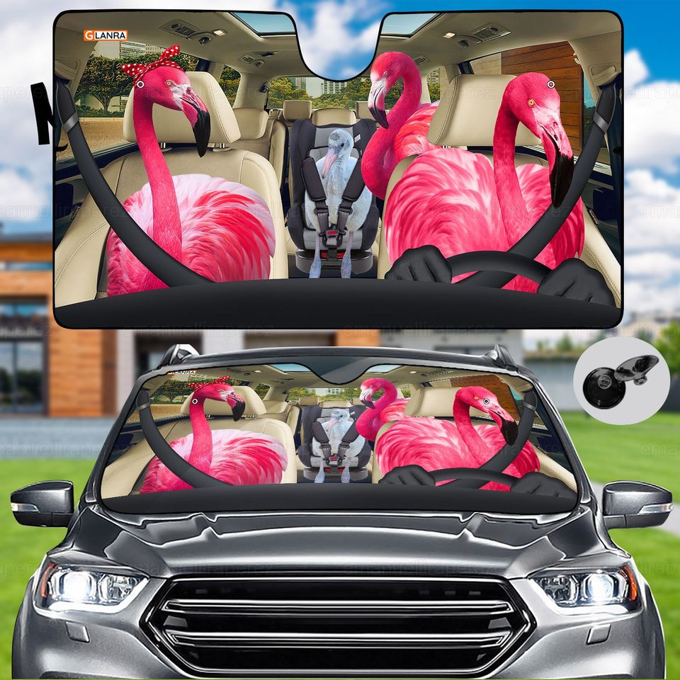 Flamingo Family Driving Car Auto Sunshade For Car, Cute Windshield Sunshade
