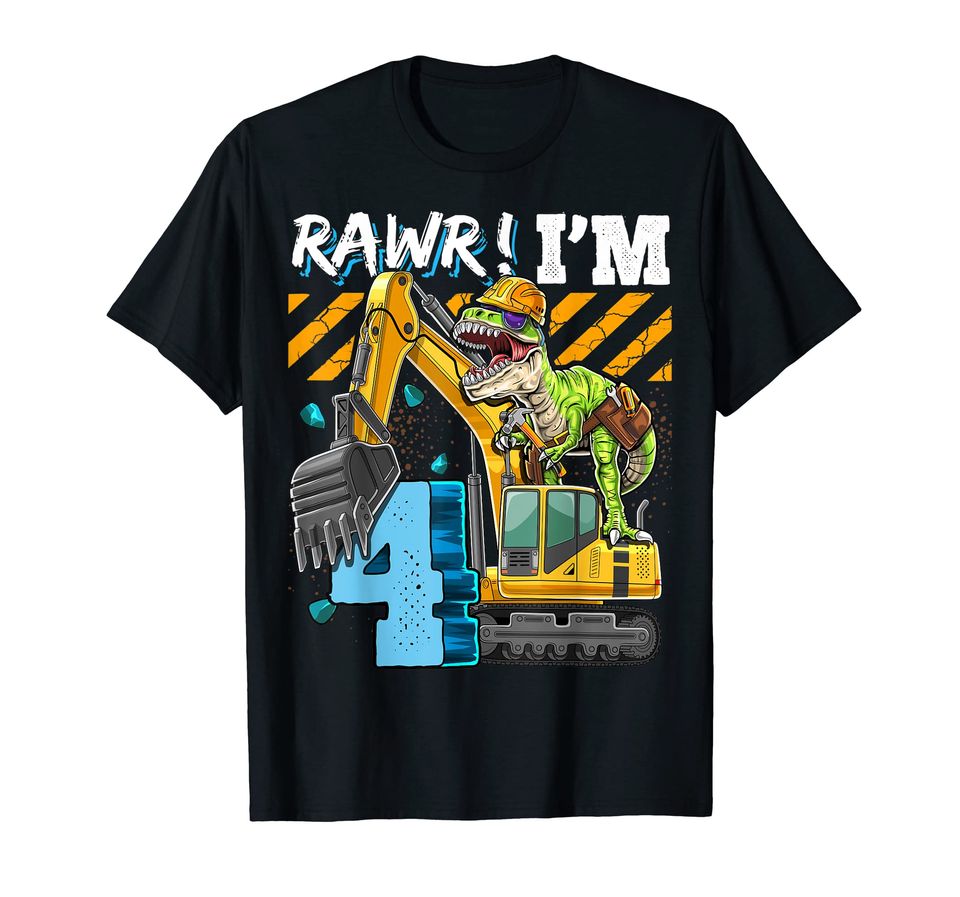 T Rex Dinosaur Construction Hat Excavator 4th Birthday Boys T-Shirt