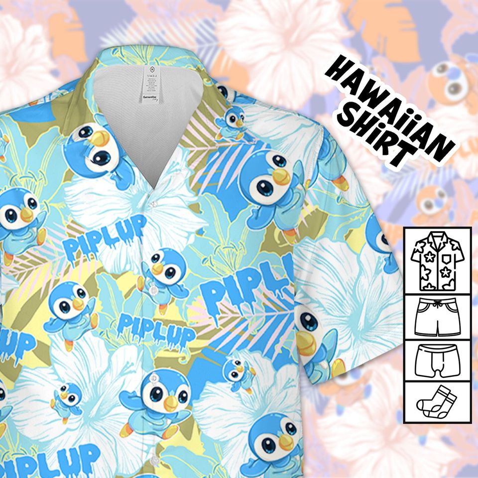 PKM Piplup Hawaiian Flowers Pattern Shirt, PKM Birthday Hawaiian Shirt