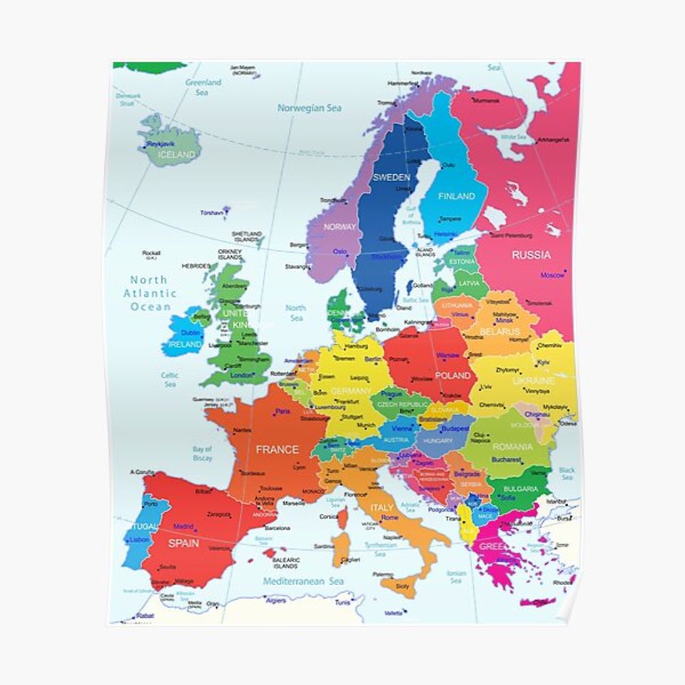 Europe Map with the border, countries, capitals and major cities Premium Matte Vertical Poster