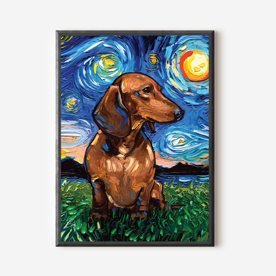 Brown Dachshund Art Starry Night Print dog by Aja pup pet poster wall decor 8x10, 11x14, 16x20, 20x24, 24x30 choose size and type of paper