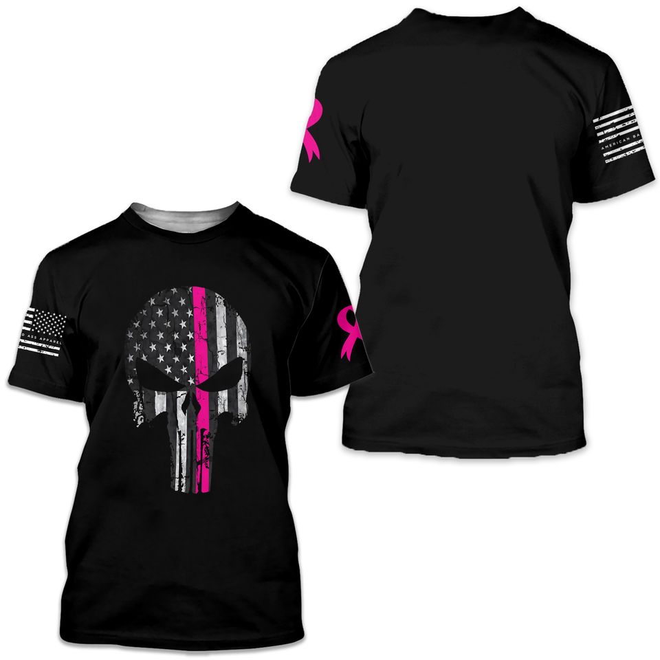 Punisher Skull Thin Pink Line | Cancer Support T-shirt | Patriotic Cancer Support Ribbon | USA Flag 3D T-shirt