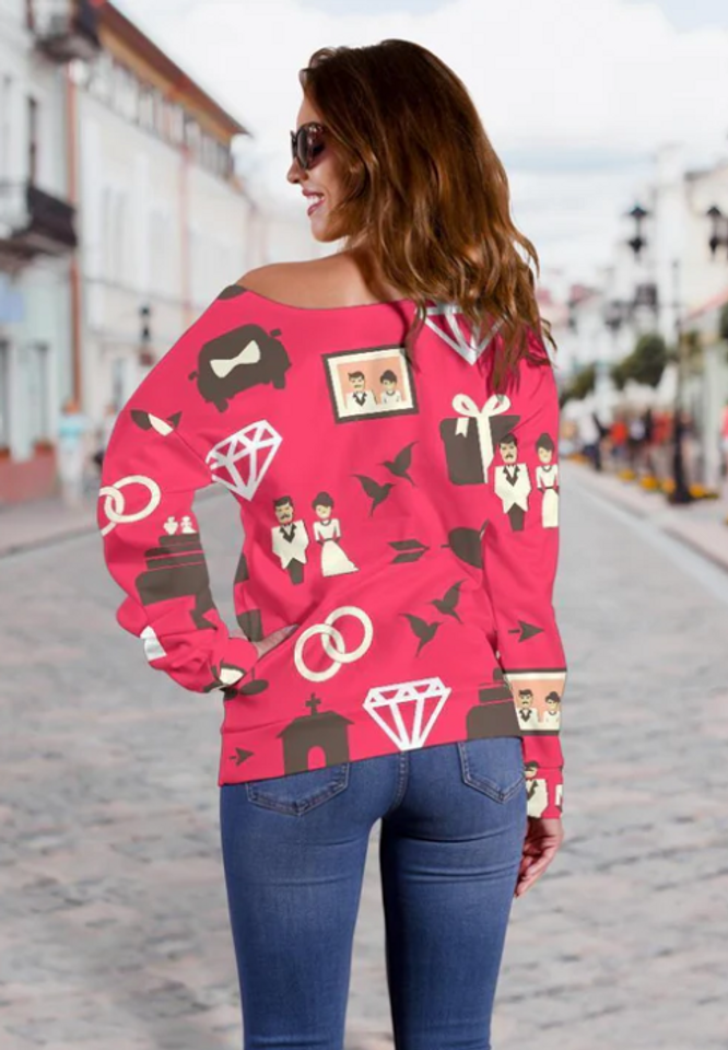 Wedding Pink Pattern All-Over Print Oversized Women's Off-Shoulder Sweatshirt