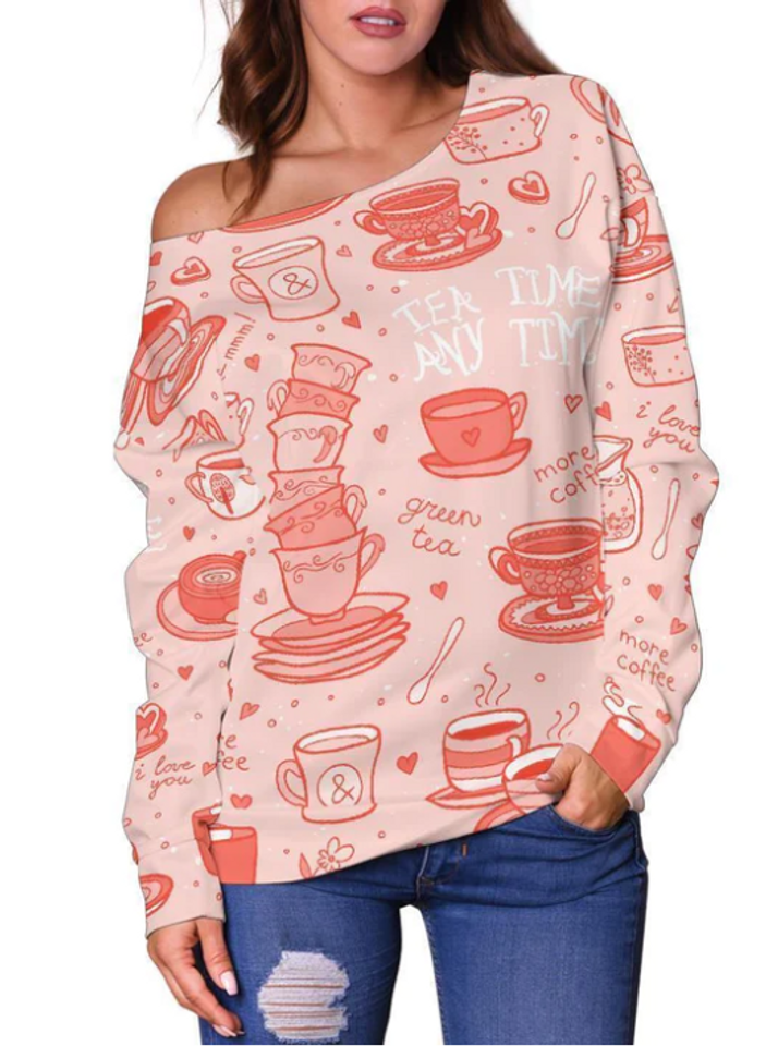 Coffee Pink Pattern All-Over Print Oversized Women's Off-Shoulder Sweatshirt