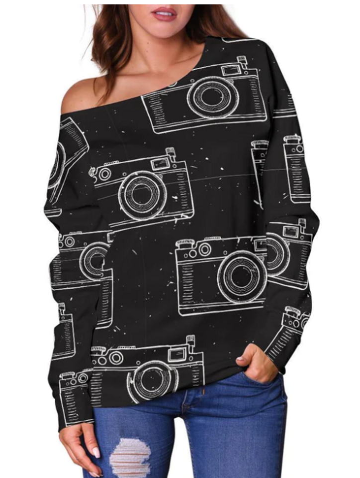 Black Camera Pattern Print All-Over Print Oversized Women's Off-Shoulder Sweatshirt