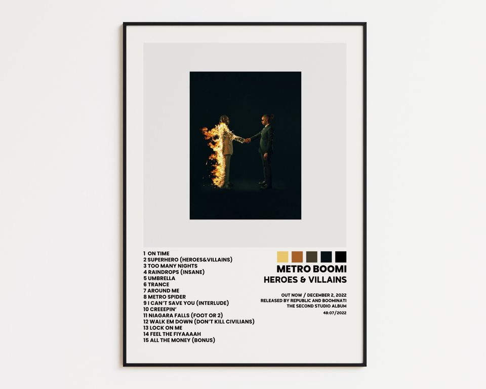 Metro Boomin Cover Poster, Heroes & Villains Album Wall Print, Tracklist Poster