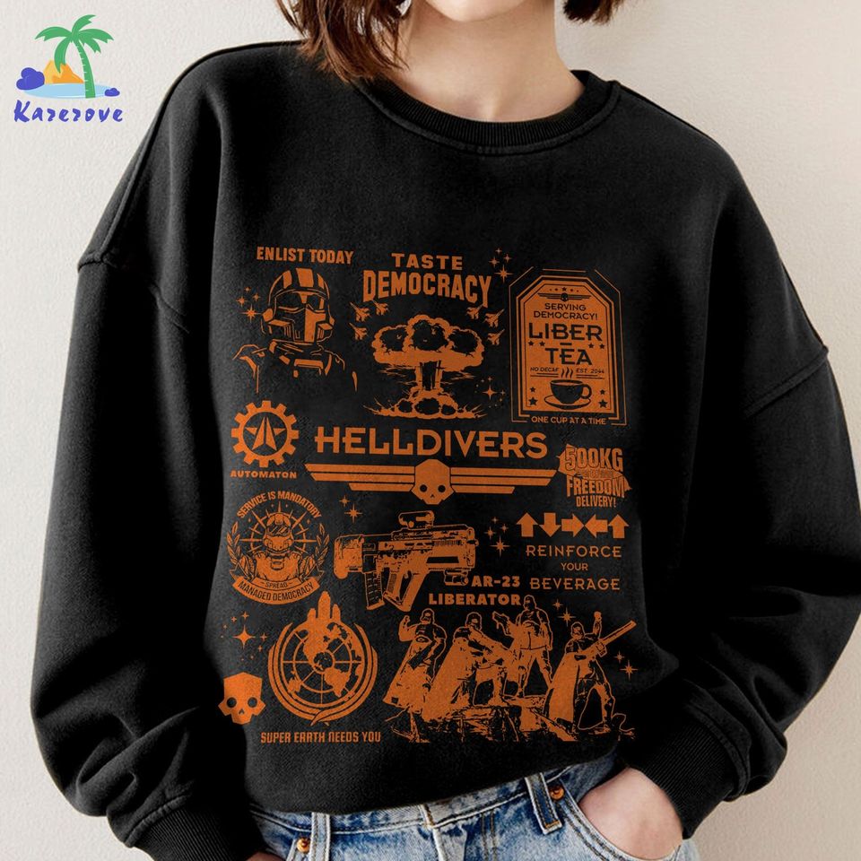 Helldivers Doodle Art Shirt, Liber-Tea, Taste Democracy, Helldivers Fan Sweatshirt