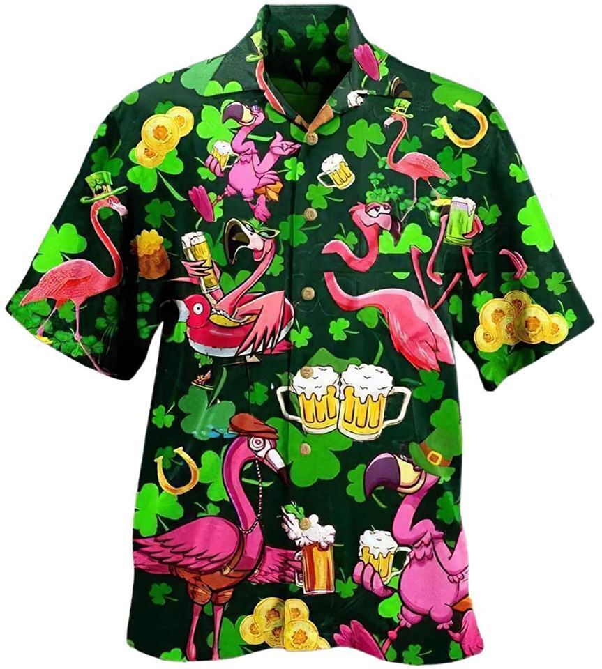 Funny Flamingo Drinking Beer Happy St. Patricks Day Hawaiian Shirt