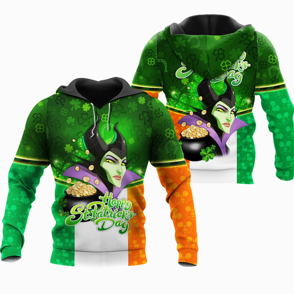 Happy St Patrick's Day Maleficent Green Shamrocks Gold Coins 3D Hoodie