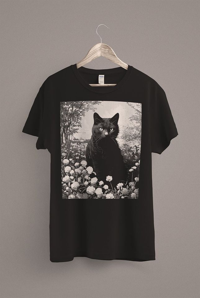 Black Cat in Garden T-Shirt, Green Witch Shirt, Dark Academia Shirt