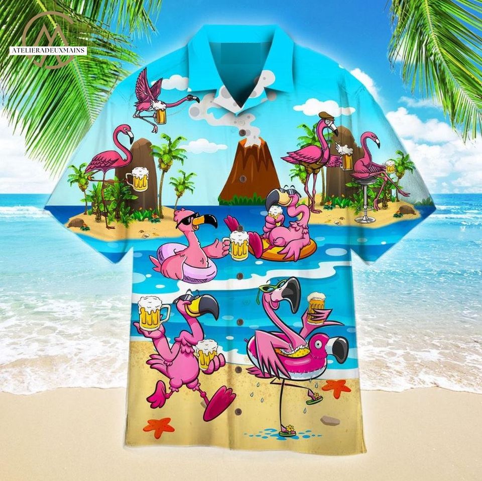 Flamingo Drinking Beer Hawaiian Shirt, Summer Beach Shirt