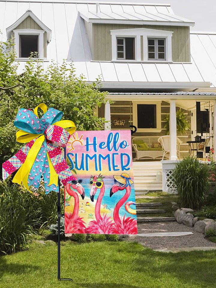 Bright Flamingo Garden Flag and Bow Set that says "Hello Summer"