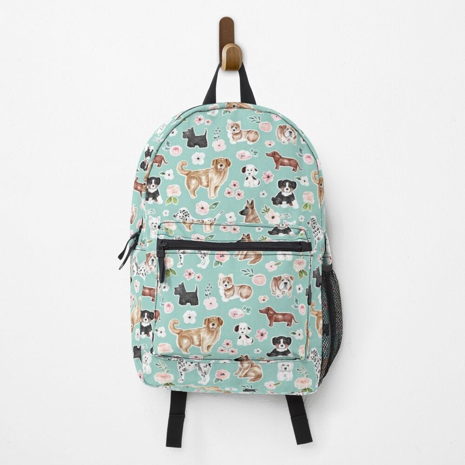 Watercolor Dogs and Flowers on Aqua Blue,  Puppy Dog Art Backpack