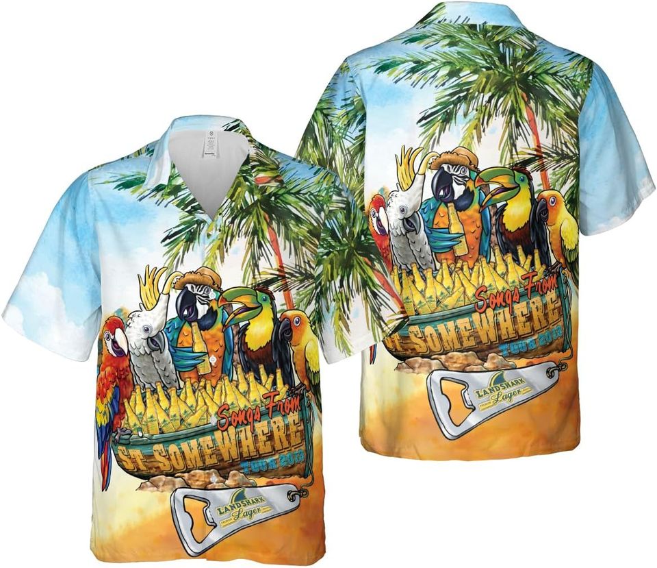 Funny Hawaiian Shirts for Men, 5 Oclock Somewhere Men's Novelty Button-Down Shirts, Parrots Aloha
