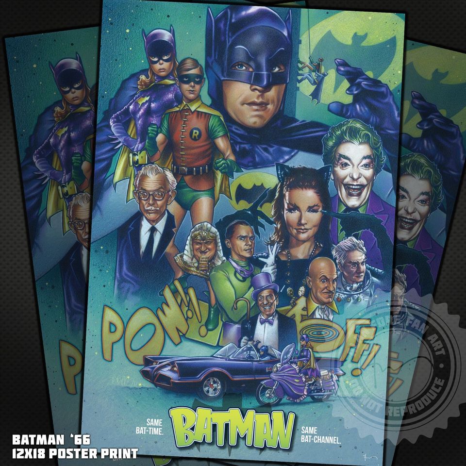 Batman '66 Poster- High Quality Original Poster Art Print featuring Adam West, Burt Ward, Yvonne Craig, and Julie Newmar from the 60s Batman