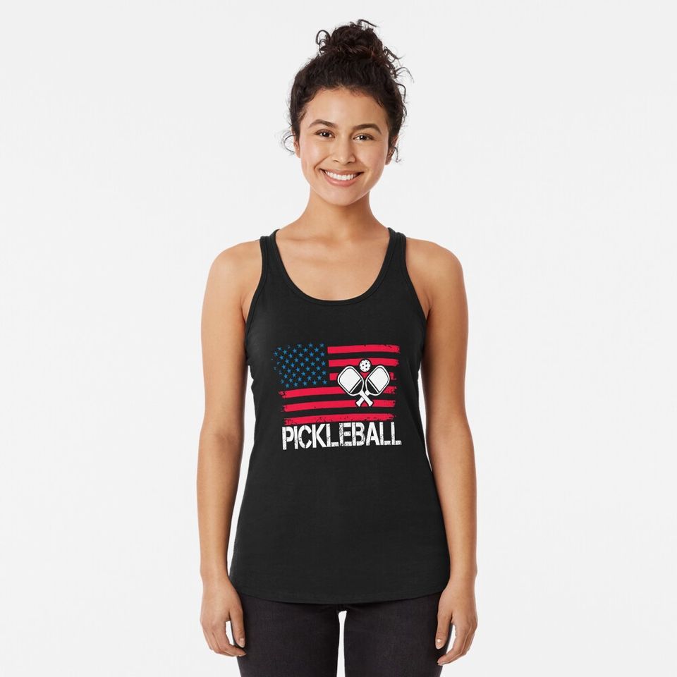Pickleball And Usa Flag Racerback Tank Top
