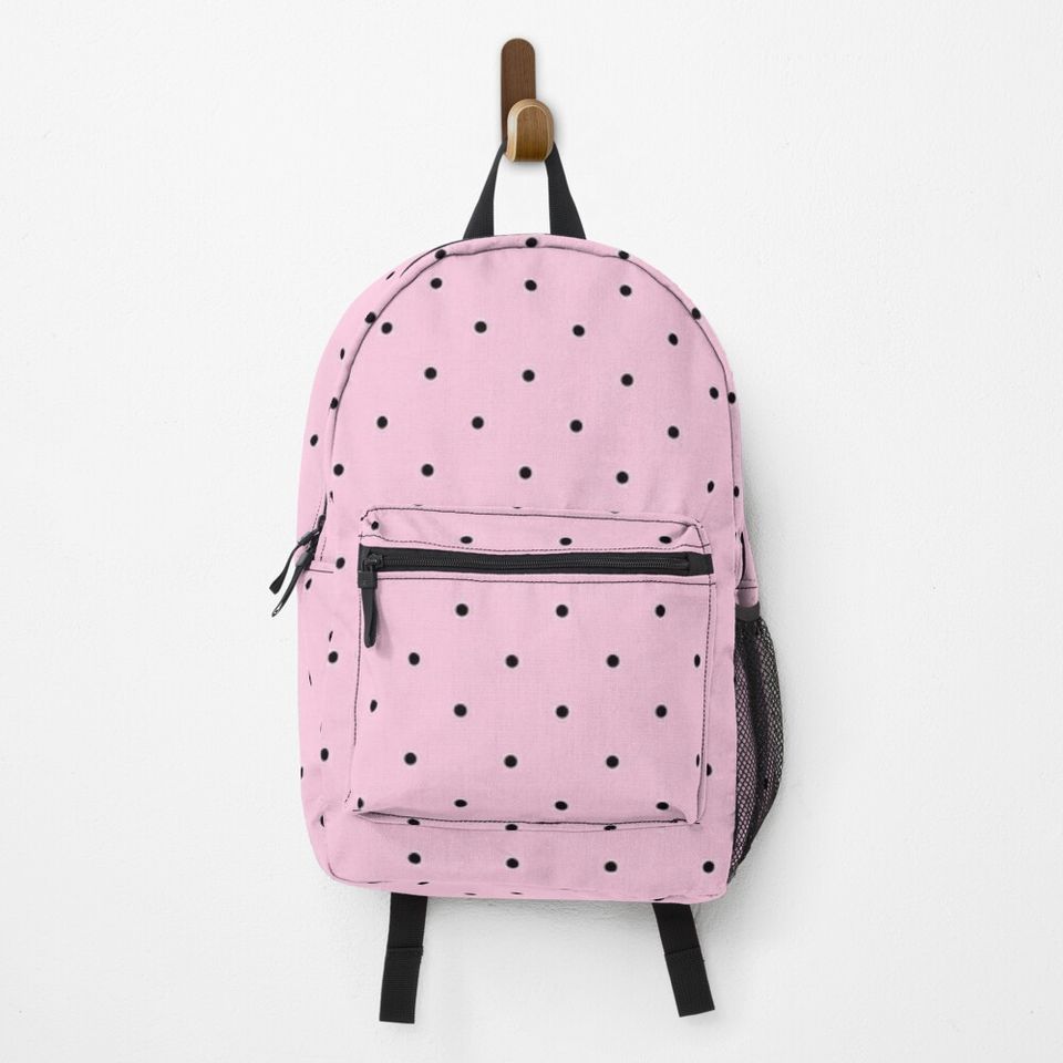Black Polka Dots Over Pink Background Pattern. Pale Pink and Black Polka Dots Pattern Backpack