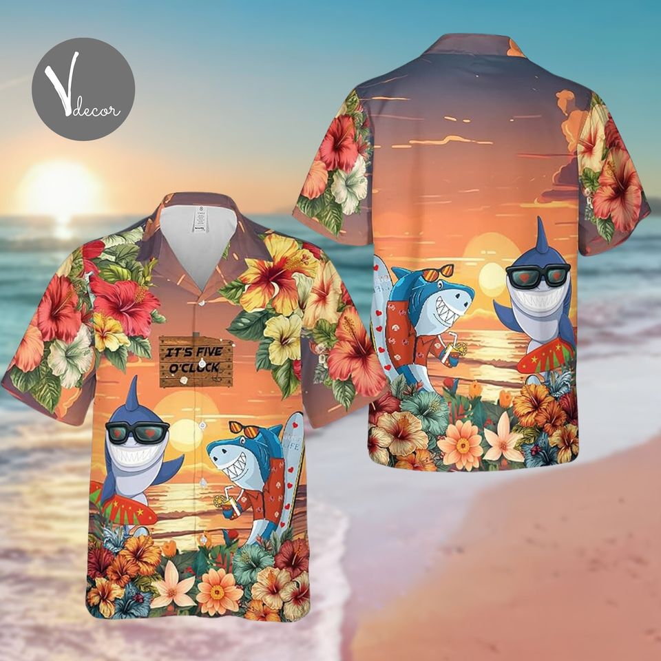It's Five O'clock Shark Hawaiian Shirt, Funny Shark Summer Shirt