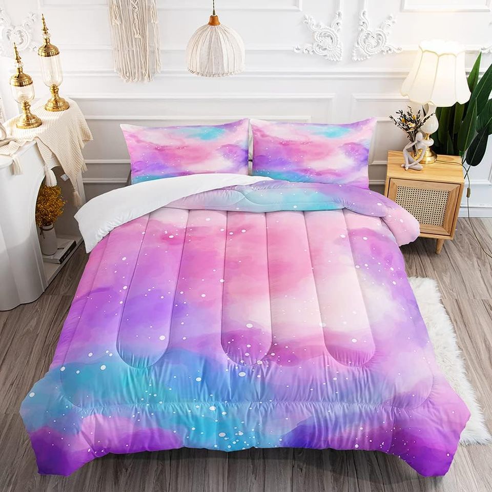 Pastel Glitter Galaxy Purple Bedding Set