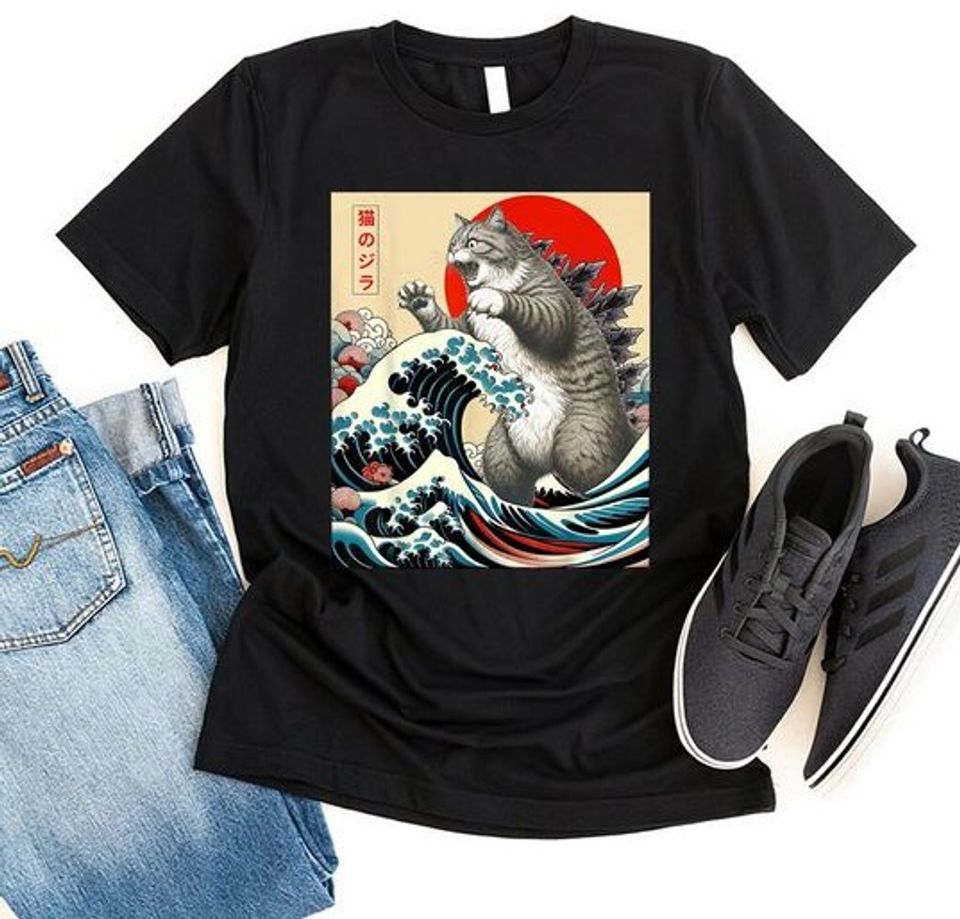 Catzilla Cat Japanese Art Funny Cat Gifts For Men Women Kid T-Shirt, Crazy Cat Lady Sweatshirt, Japanese Cat Shirt, Cat Mom Gift