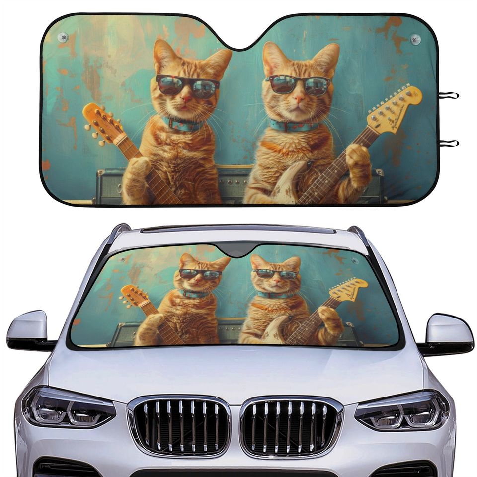 Funny Cats Guitar Player Car Sunshade, Vintage Cat Musician Windshield Car Decor, Gift For Cat Lover
