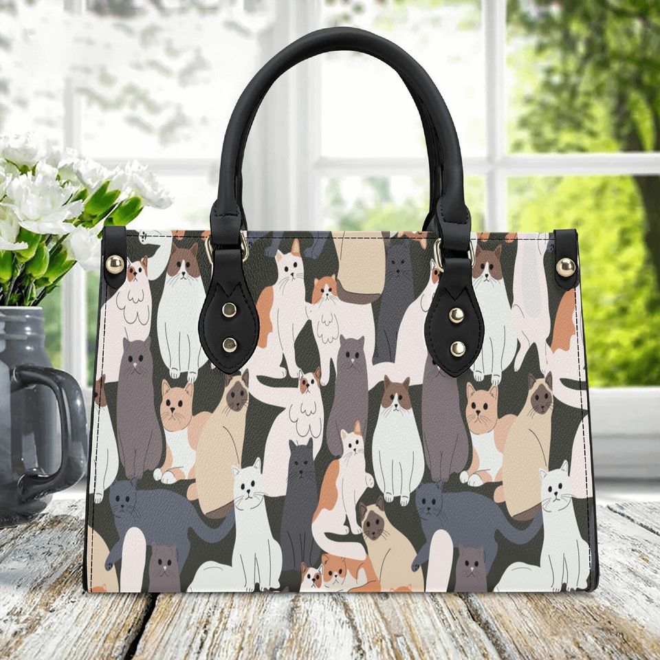 Cute Cat Pattern PU Leather Handbag, gift for mom