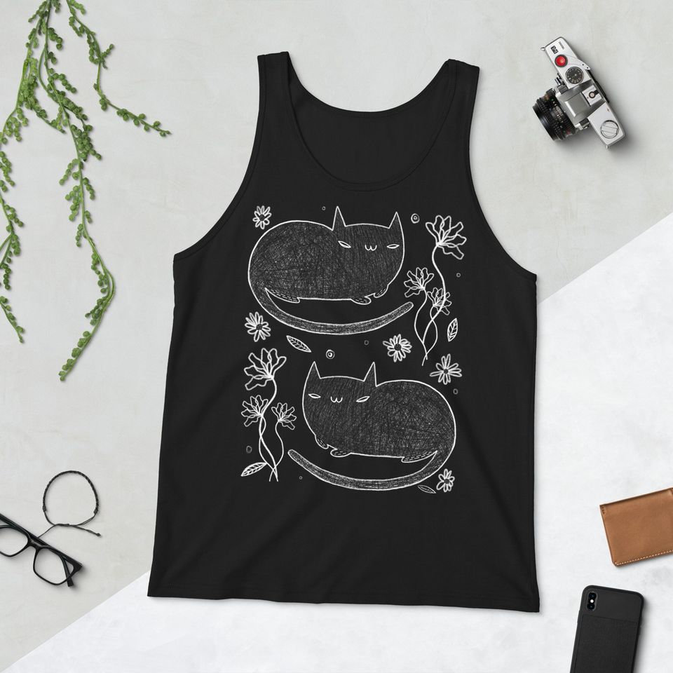 TANK TOP Black Cat Folk Art Print Birthday Housewarming Gifts Funny Cute Witchy Goth Weird Art Whimsical Quirky Gothic Punk Emo Cats