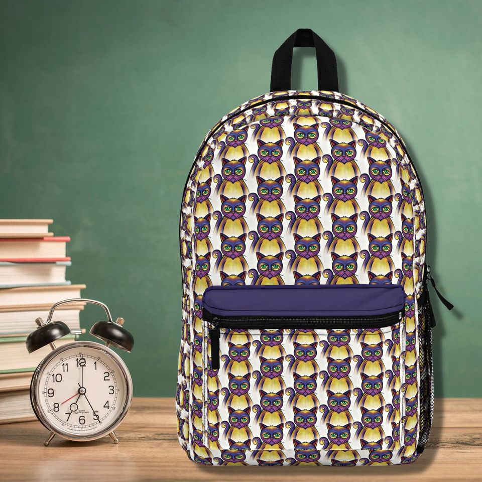 Purple Misfit Cats Backpack, Purple and Yellow Funny Cat Pattern Bag Gift for Cat Mom Cat Lover School Backpack Cat Lady Purple Knapsack