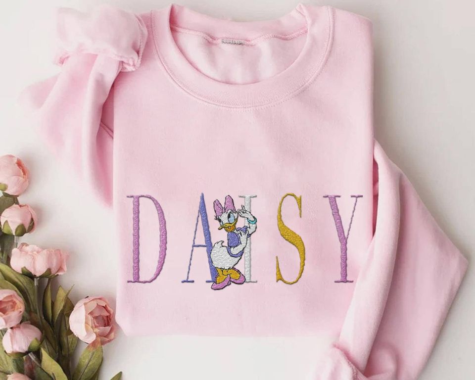 Duck Classic Daisy Embroidery Sweatshirt, Embroidered Sweatshirt, Customize Name Embroider Sweater