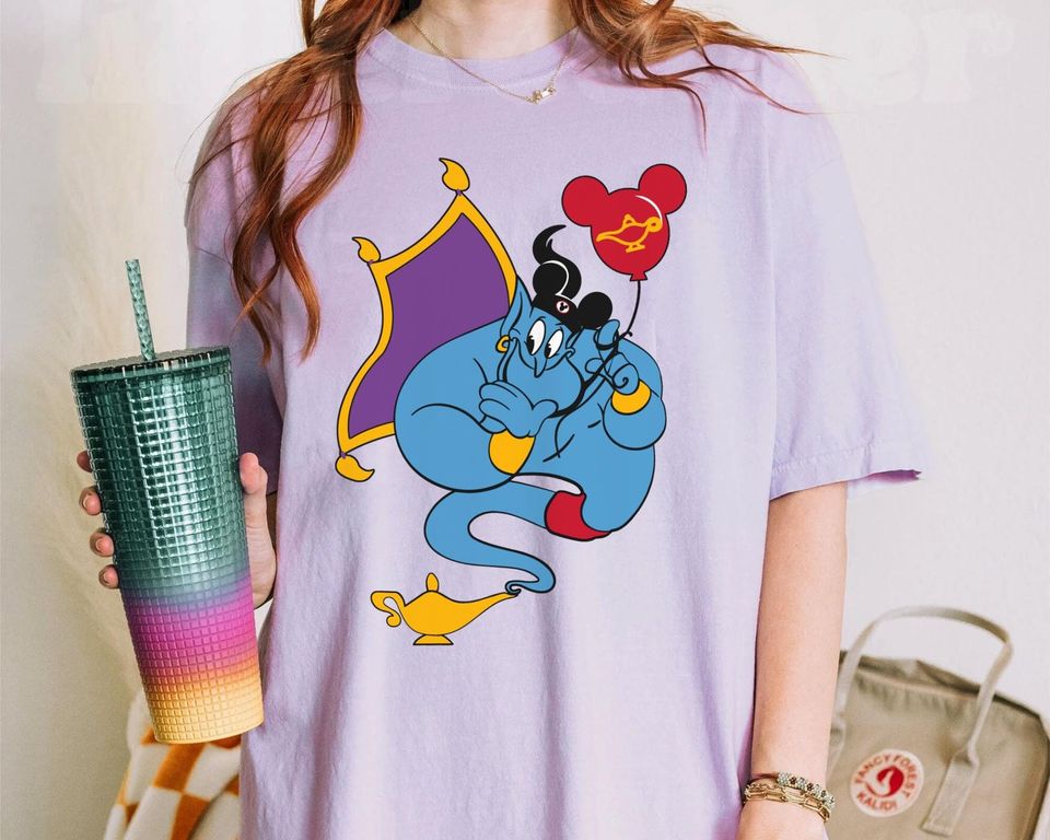 Aladdin Genie With Mickey Balloon Comfort Colors Shirt, Retro Disney T-shirt, Disneyland Family Vacation, Walt Disney World, Magic Kingdom