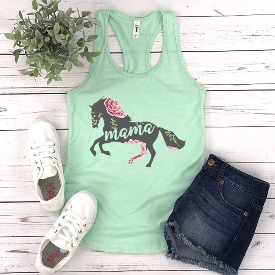 Horse Mama Tank Top, Floral Horse Farm Animal Yoga Workout Tank Top for Women, Farmer Gym Muscle Tank, Racerback Tank, Horse Mom Gift