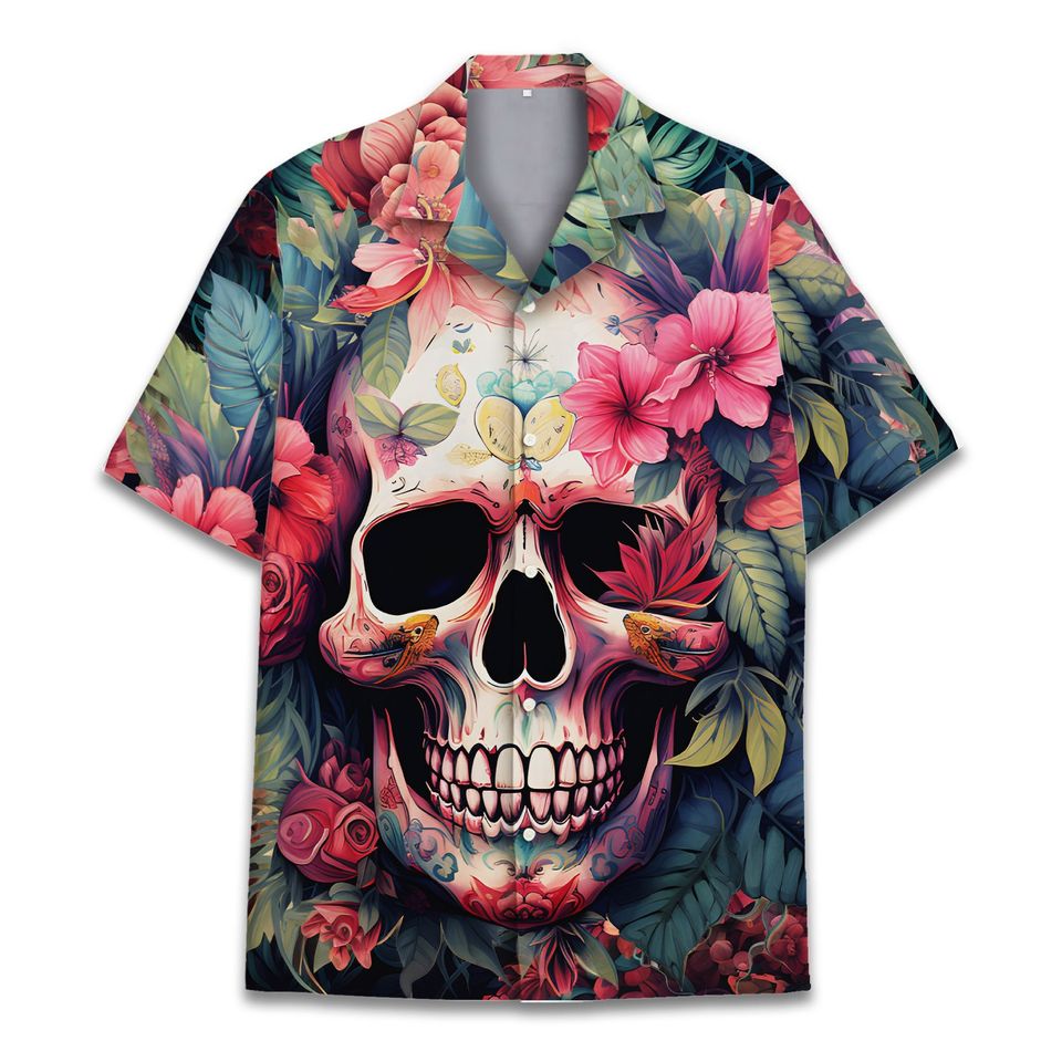 Floral Skull Hawaiian Shirts for Men Women, Flower Skull Shirt