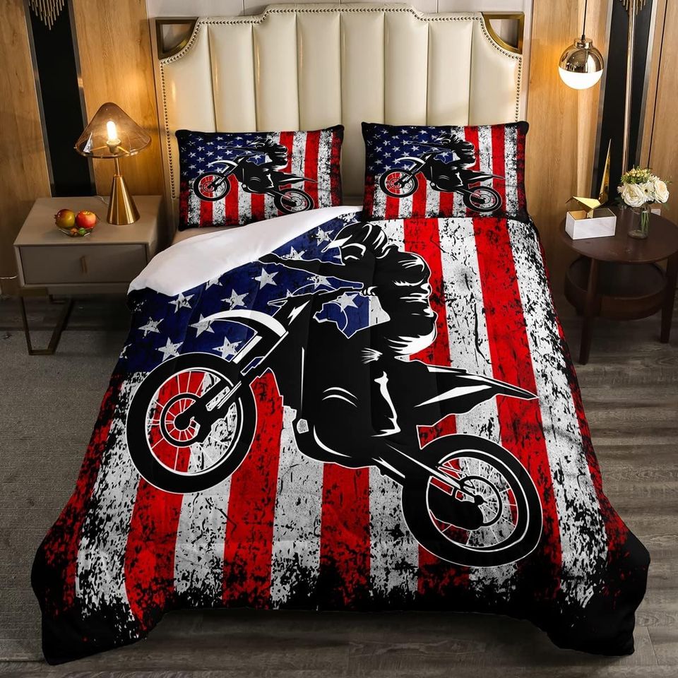 Dirt Bike Retro American Flag Bedding Set ,Extreme Sports Tie Dye Bed Set Motor Biker Motorcycle