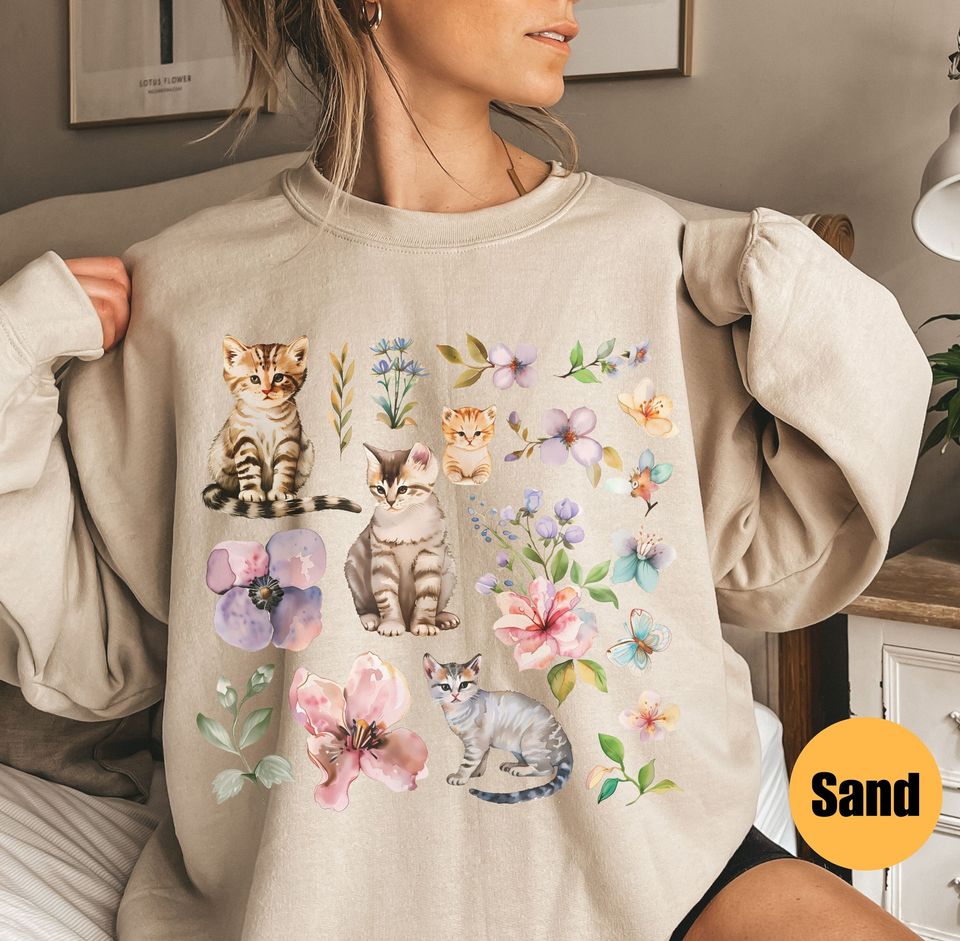 Cottagecore Cats Sweater | Cat Lover Gift | Cottagecore Cat And Flowers Sweatshirt | Coquette Aesthetic |  Mushroom Lover | Floral Cats Top
