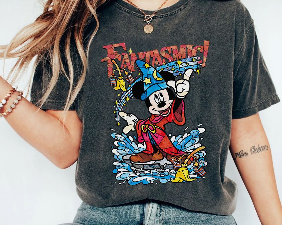 Disney Fantasia Sorcerer Mickey Mouse Magic Wizard Magical Retro Shirt, Fantasmic Stained Glass Hollywood Studios Trip Family Vacation Gift
