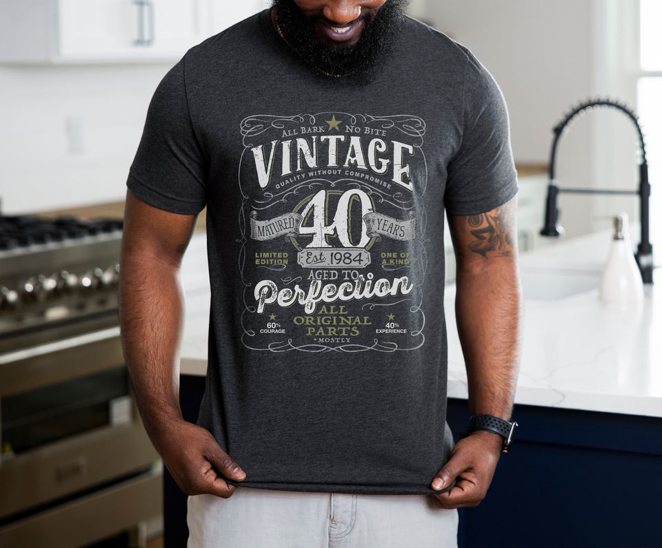 40th Birthday Shirt For Men, Born in 1984 - Vintage 1984 Birthday Gift for Him, Aged To Perfection Mostly, T-shirt Gift idea.  V-40-1984