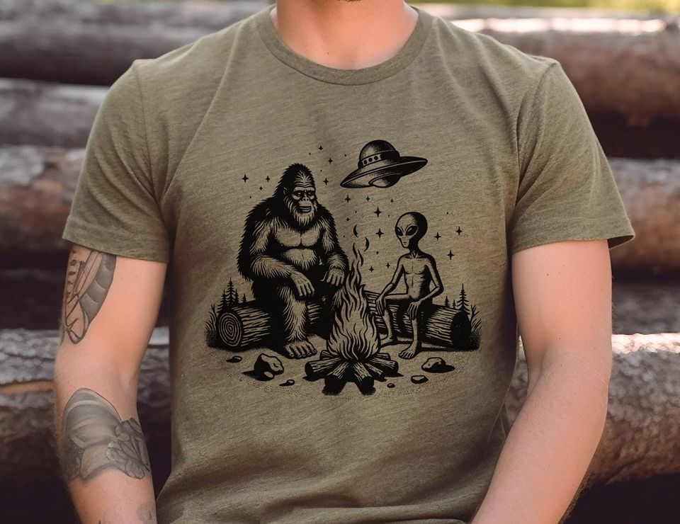 Bigfoot and alien shirt gift for outdoor lover, sasquatch shirts, hiking tees