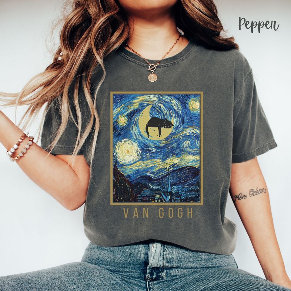 Van Gogh Starry Night Cat Shirt, Funny Cat T Shirt, Cat Mom Shirt, Cat Dad Tee Shirt