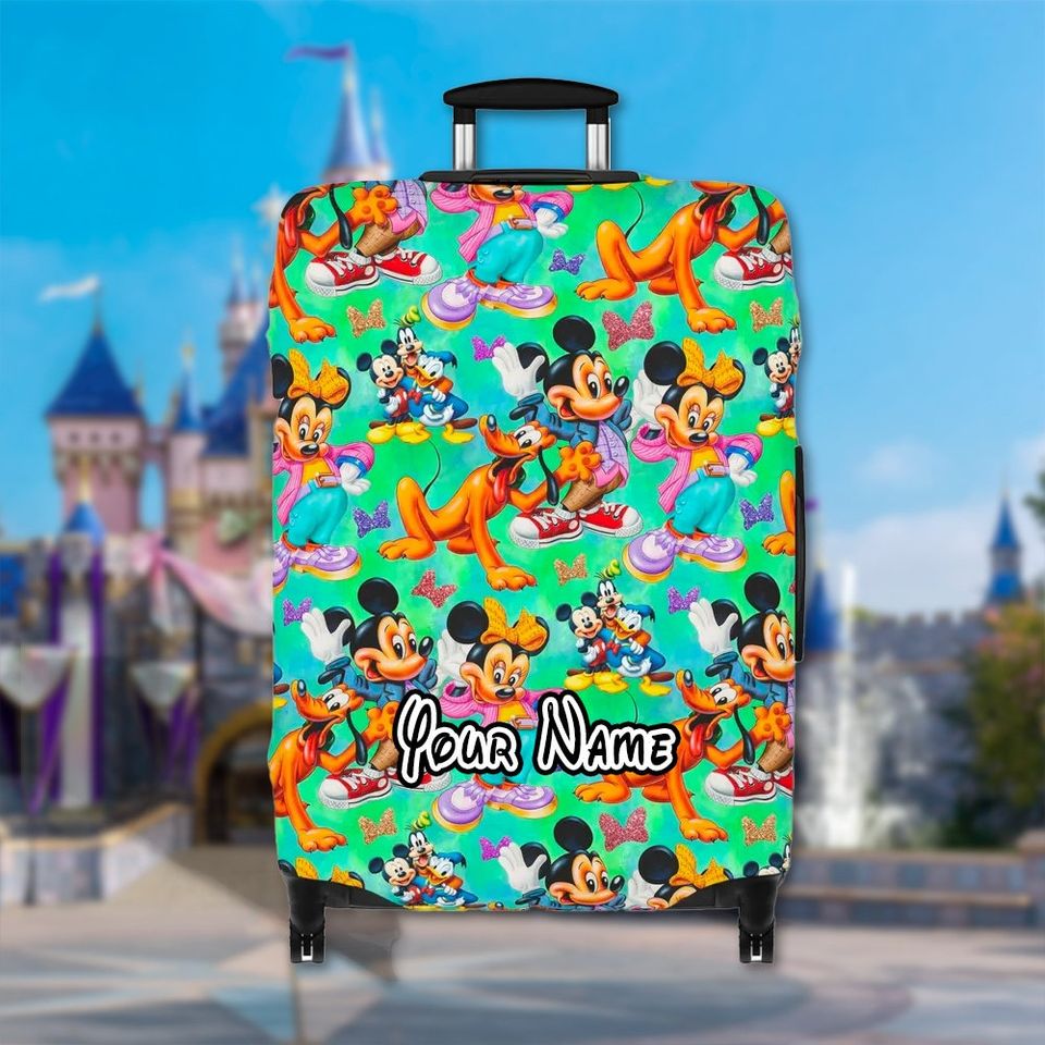Custom Mouse And Friends Luggage Cover, Cartoon Luggage Protector, Magic Kingdom Trip Gift
