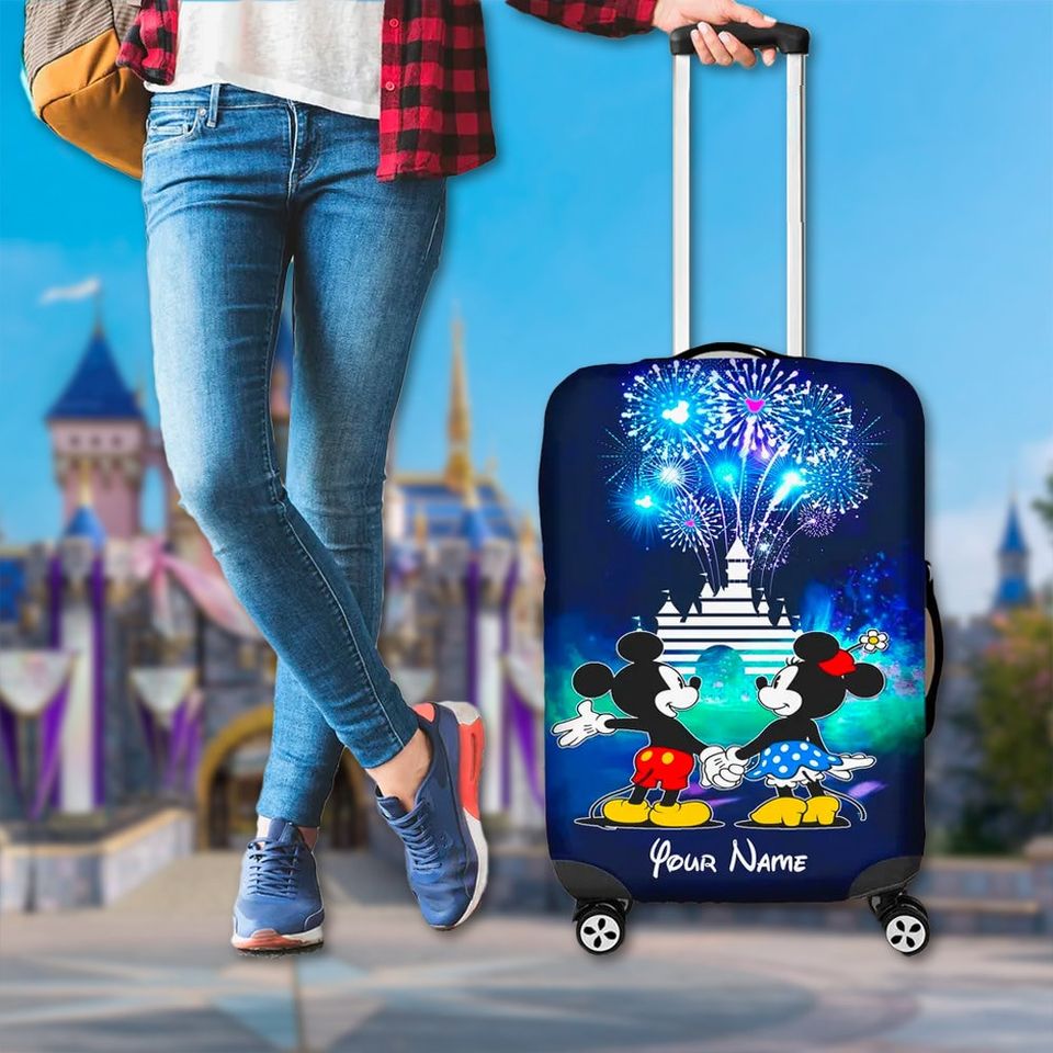 Custom Mouse Couple Luggage Cover, Cartoon Luggage Protector, Magic Kingdom Trip Gift