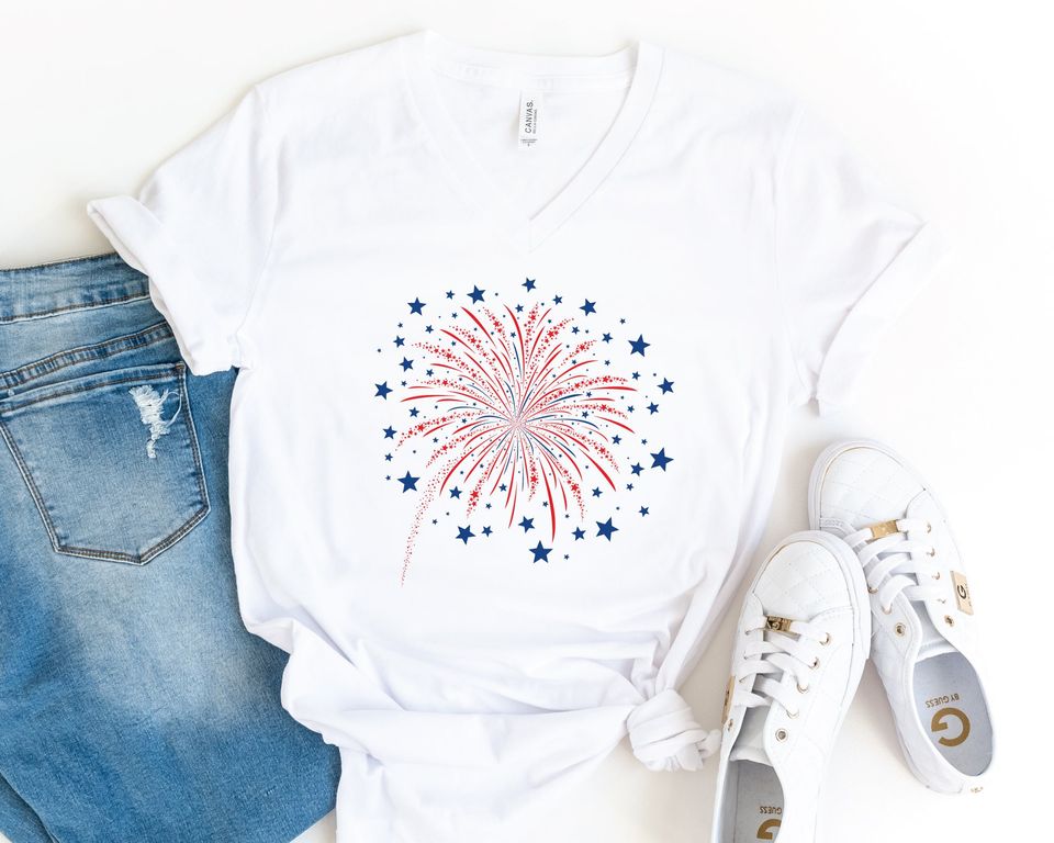 Firework USA V-Neck Shirt, 4th Of July Shirt, Independence Day Shirt, Gift For American, Red White Blue Shirt, Patriotic Shirt, American Tee