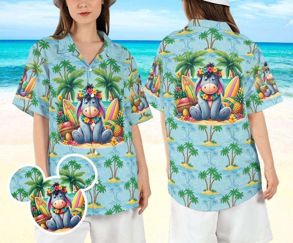 Tropical Eeyore Beach Hawaiian Shirt, Winnie the Pooh Eeyore Hawaii Shirt, Eeyore the Donkey Palm Tree Aloha Shirt, Pooh Friend Button Shirt