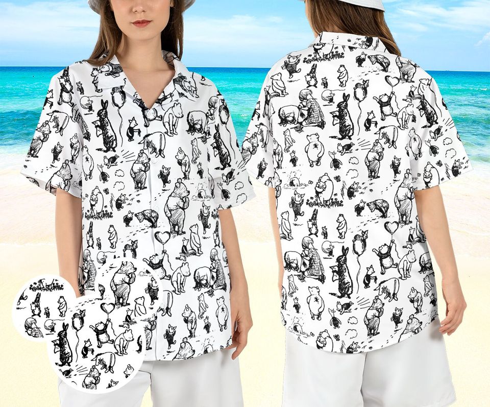 Winnie the Pooh Sketch Hawaiian Shirt, Pooh and Friends Hawaii Shirt, Classic Pooh Bear Beach Aloha Shirt